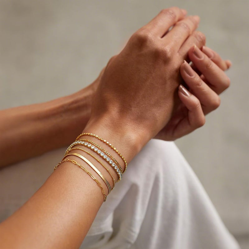 Krfy 5/6Pcs Gold Plated Bracelets for Women Trendy, S925 Plated Silver Bracelet Stack, Non Tarnish Waterproof Bracelets for Women, Paperclip Herringbone Figaro Cuban Twist Chains, Size 6.5''+2'' - Image 2